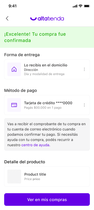 Altatienda — purchase confirmation receipt