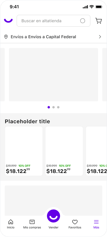 Altatienda — mobile home with search, location pill, product carousel, and bottom tab bar