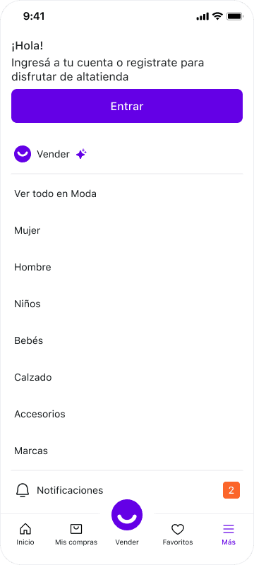 Altatienda — Más menu, signed-out state with Entrar CTA