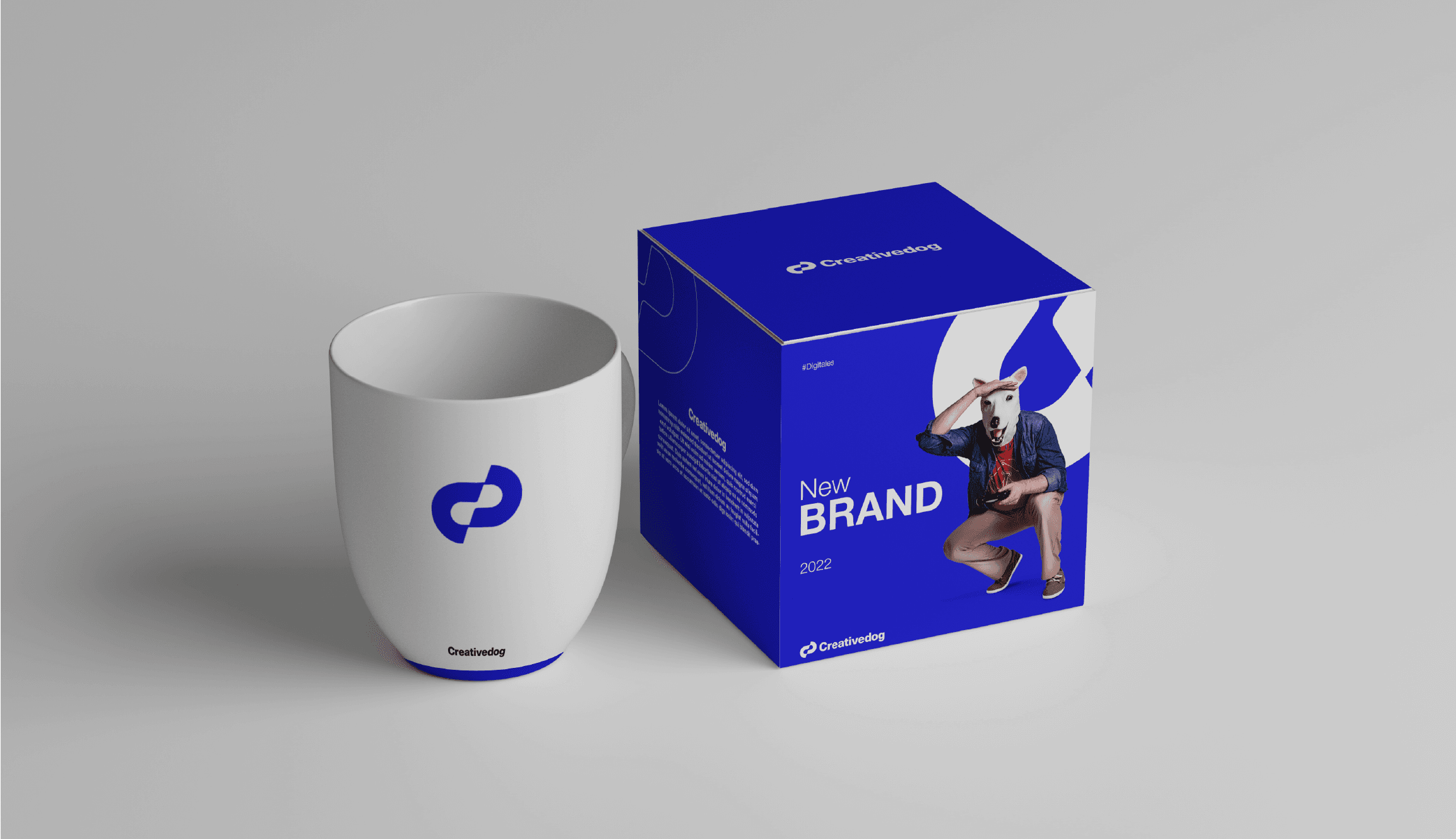 Creativedog branded mug and packaging