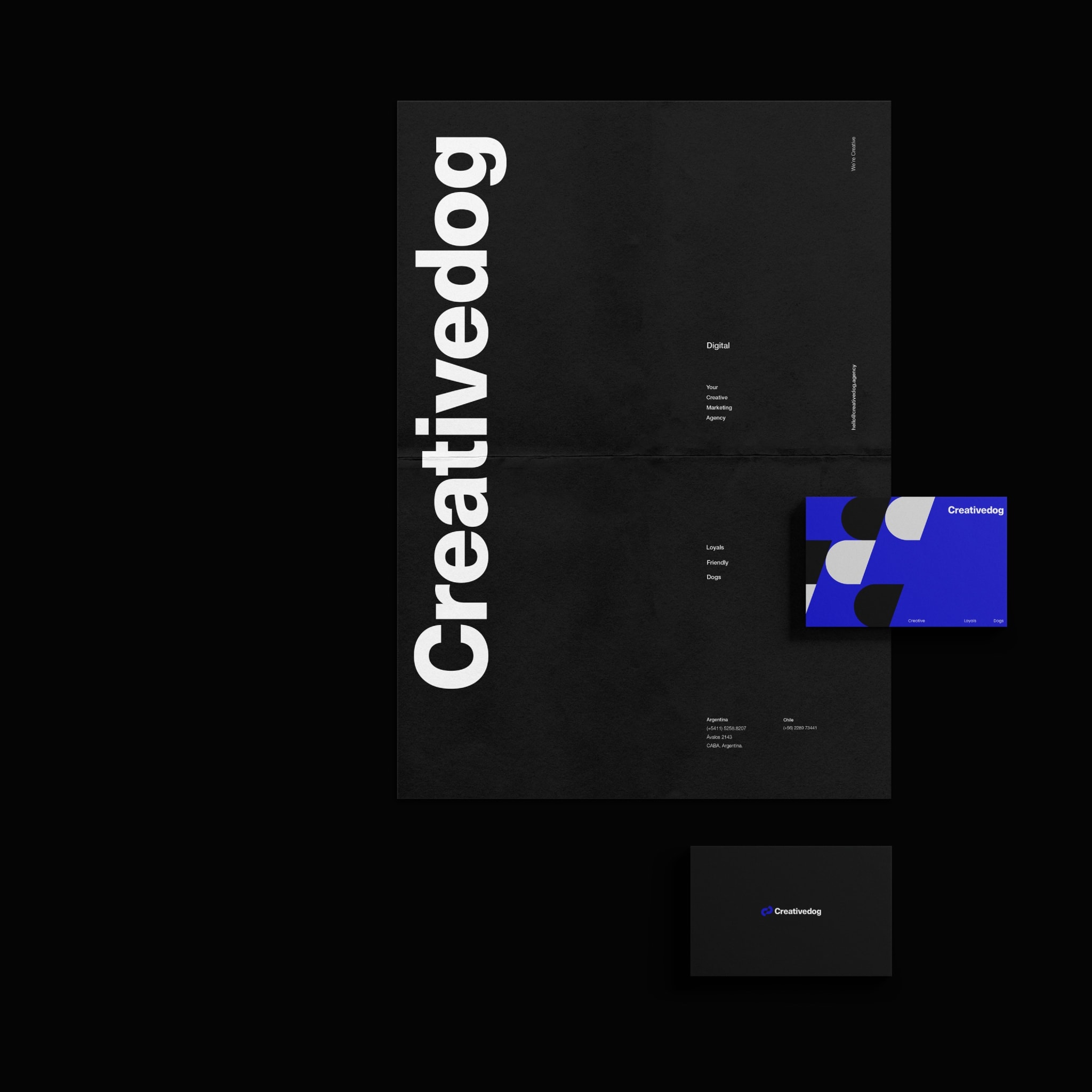 Black stationery with the vertical wordmark and blue business cards