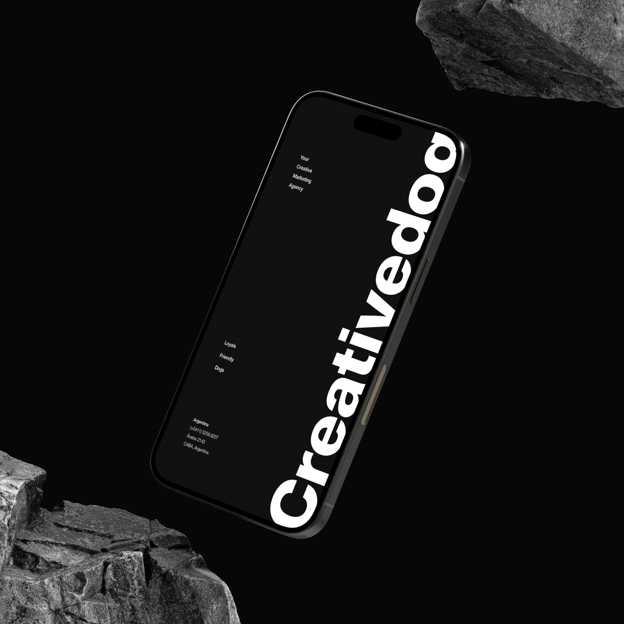 A phone showing the vertical wordmark, resting on dark rocks
