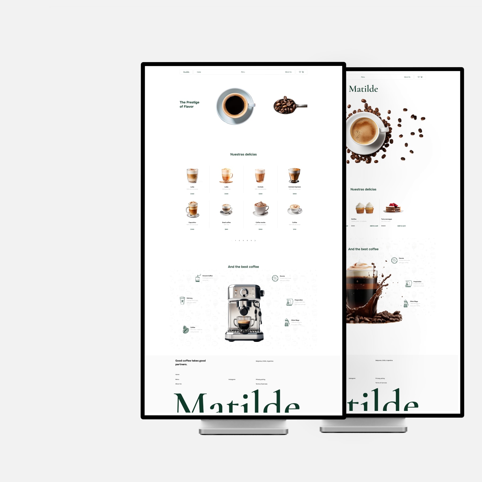 Two screens showing pages of the Matilde website