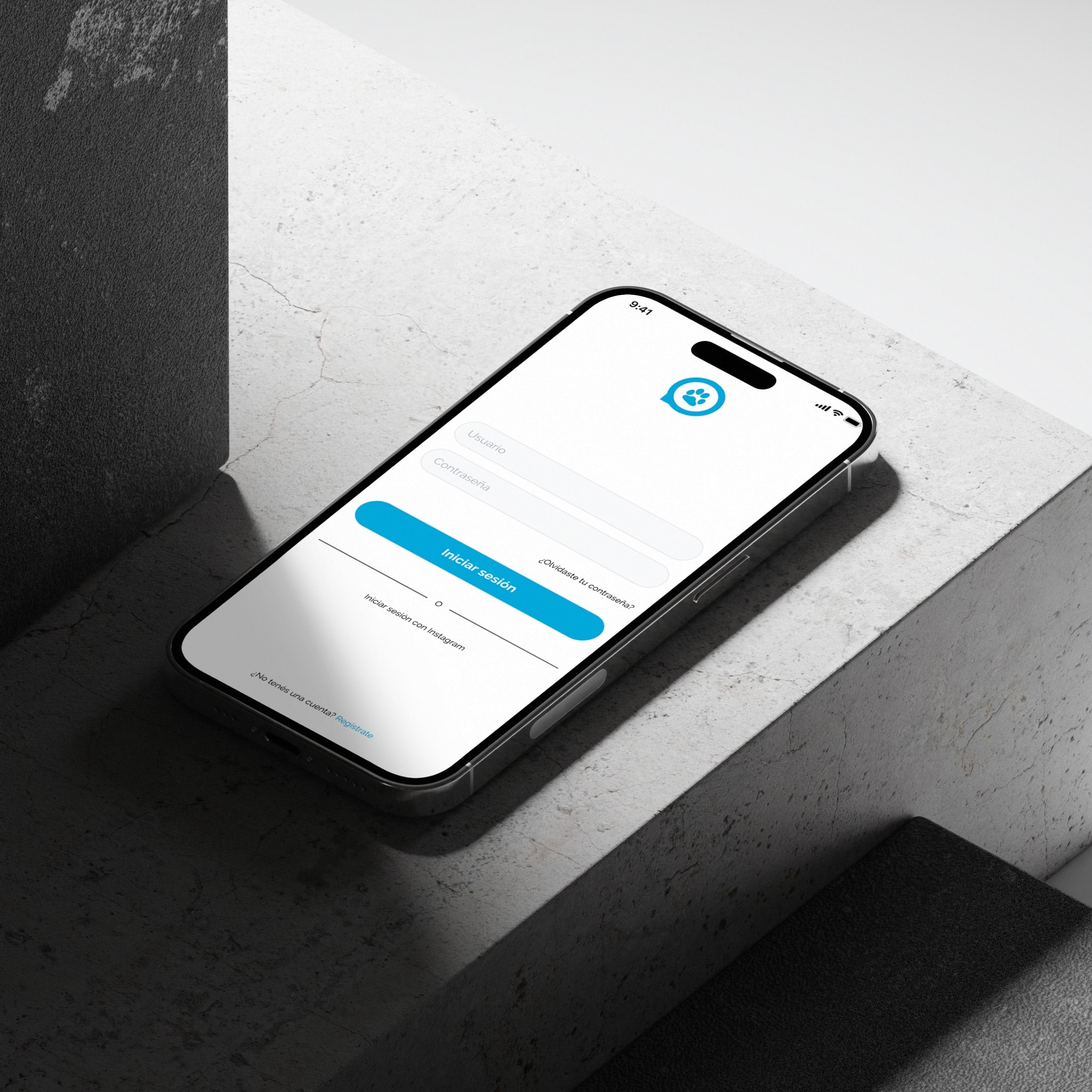 The app's sign-in screen on a phone, resting on concrete