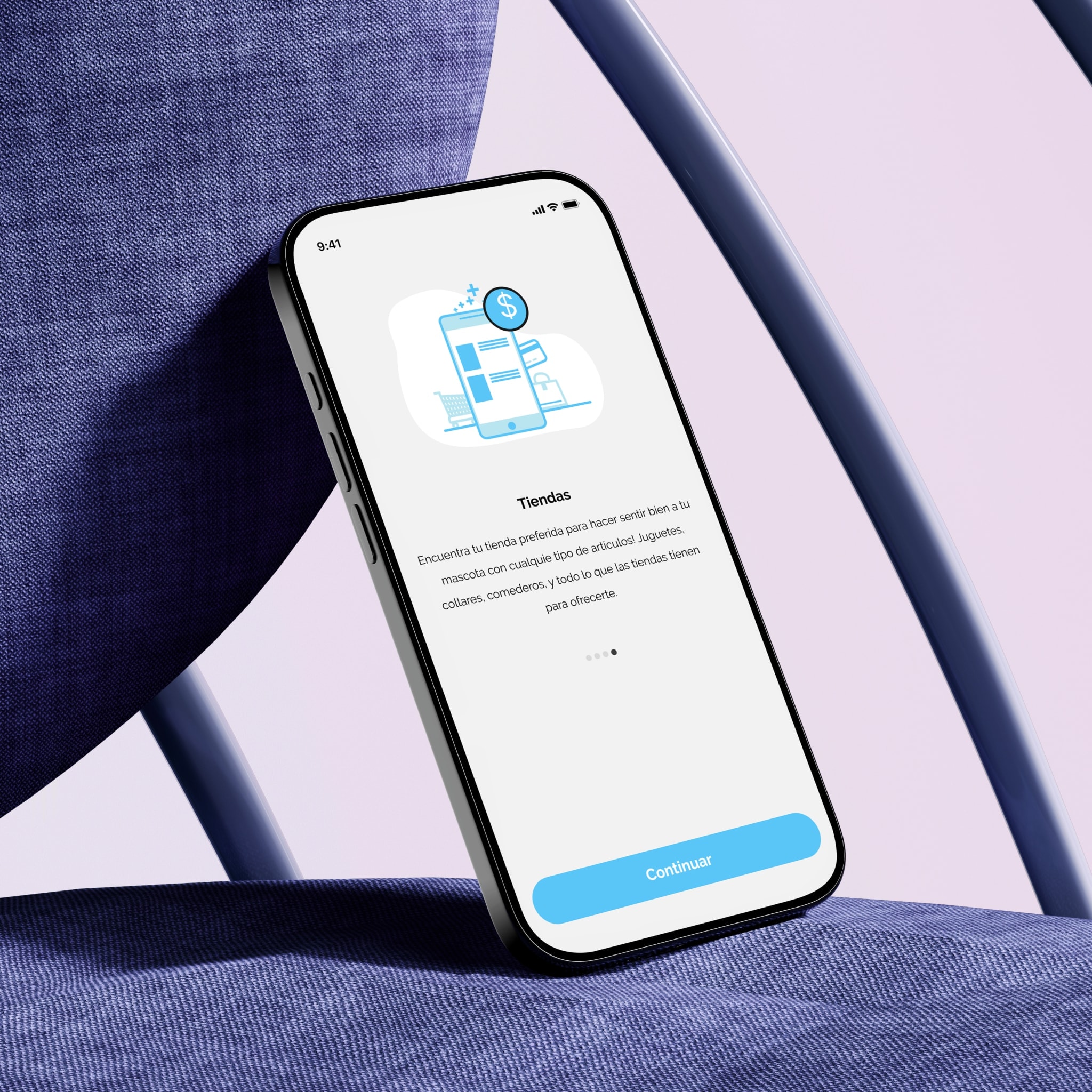 A phone on a blue chair showing an onboarding screen