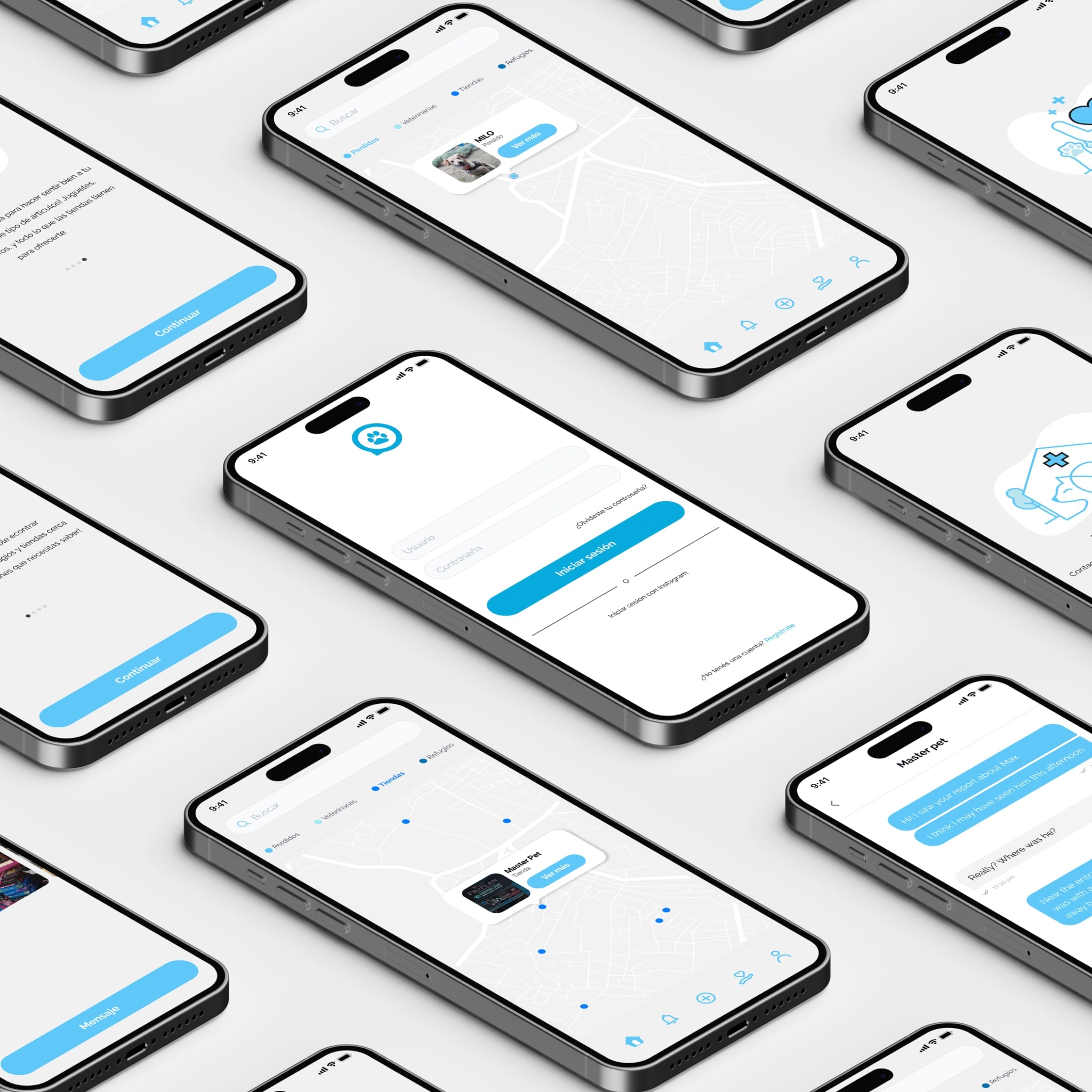 Rows of phones showing the app's screens