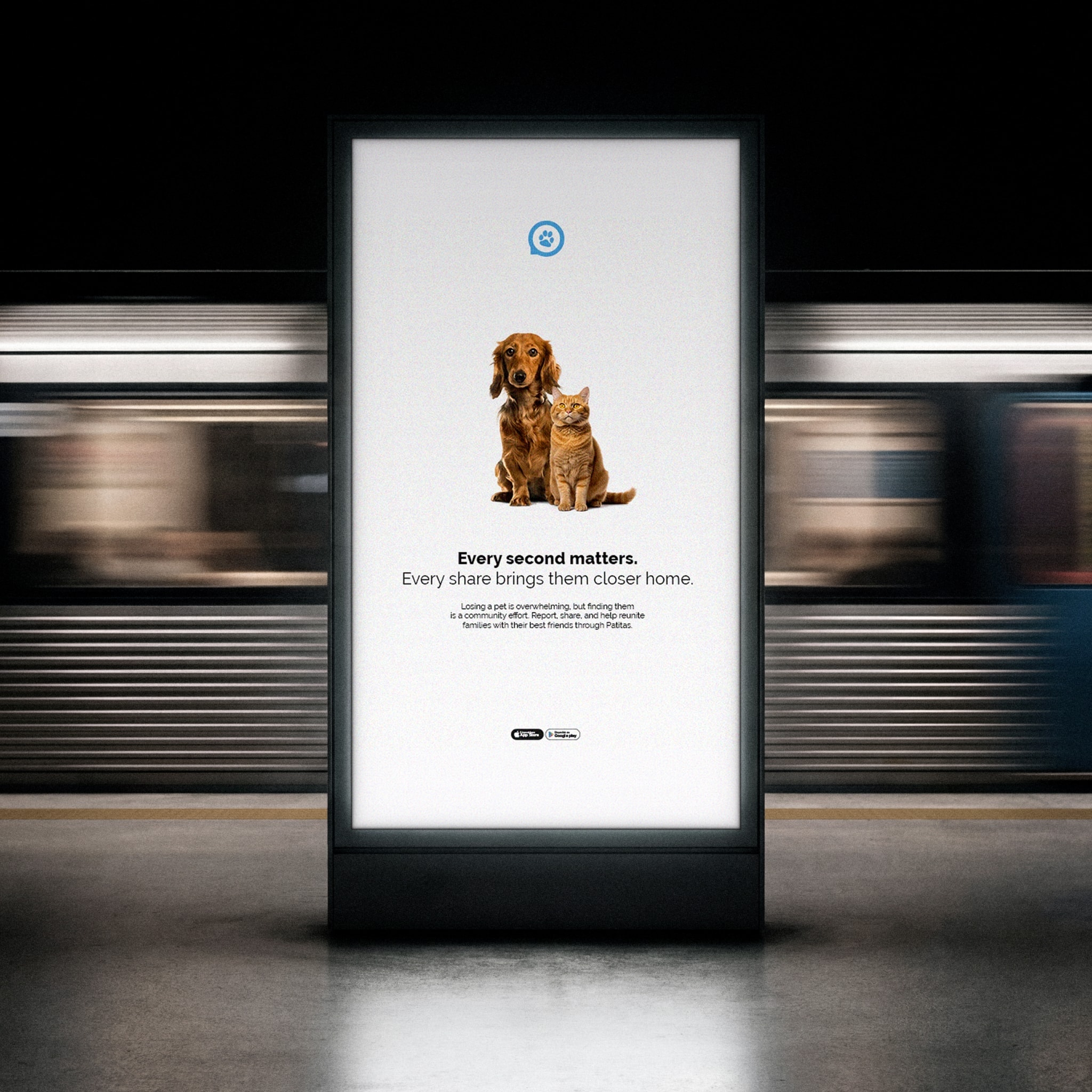 A subway billboard with a dog and a cat: “Every second matters”